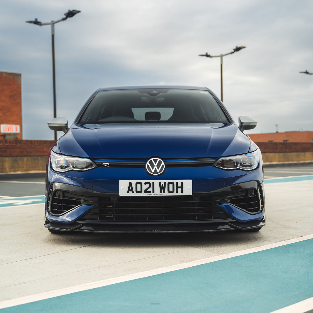 VW Golf MK8 R carbon fibre splitter by CT Design, showing the sleek, aerodynamic front splitter detail on the car.