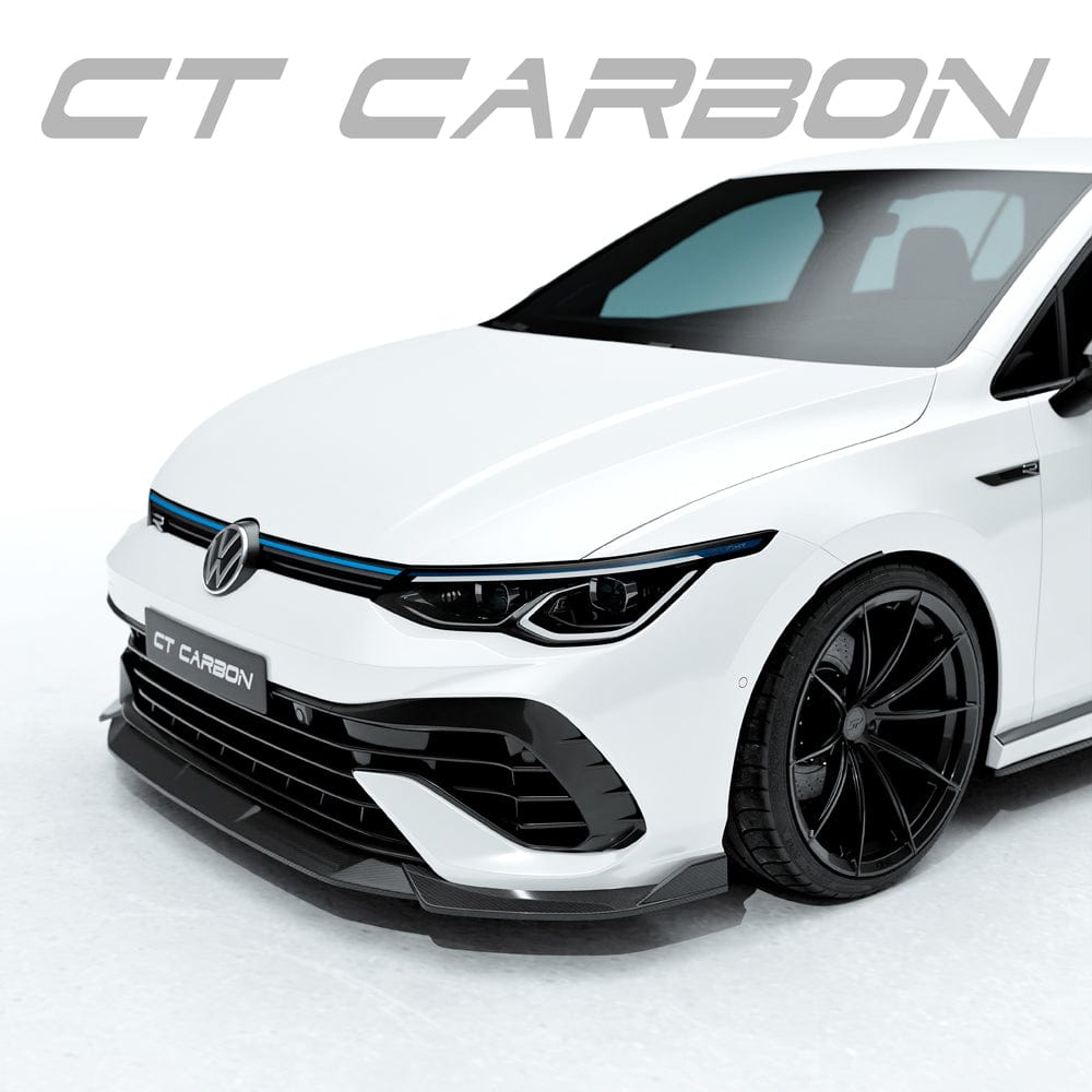 VW Golf MK8 R carbon fiber splitter by CT Design, showing the sleek aerodynamic front splitter with detailed carbon fiber weave.
