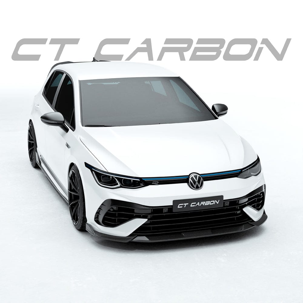 VW Golf MK8 R carbon fibre splitter by CT Design, close-up view showing aerodynamic front splitter details.