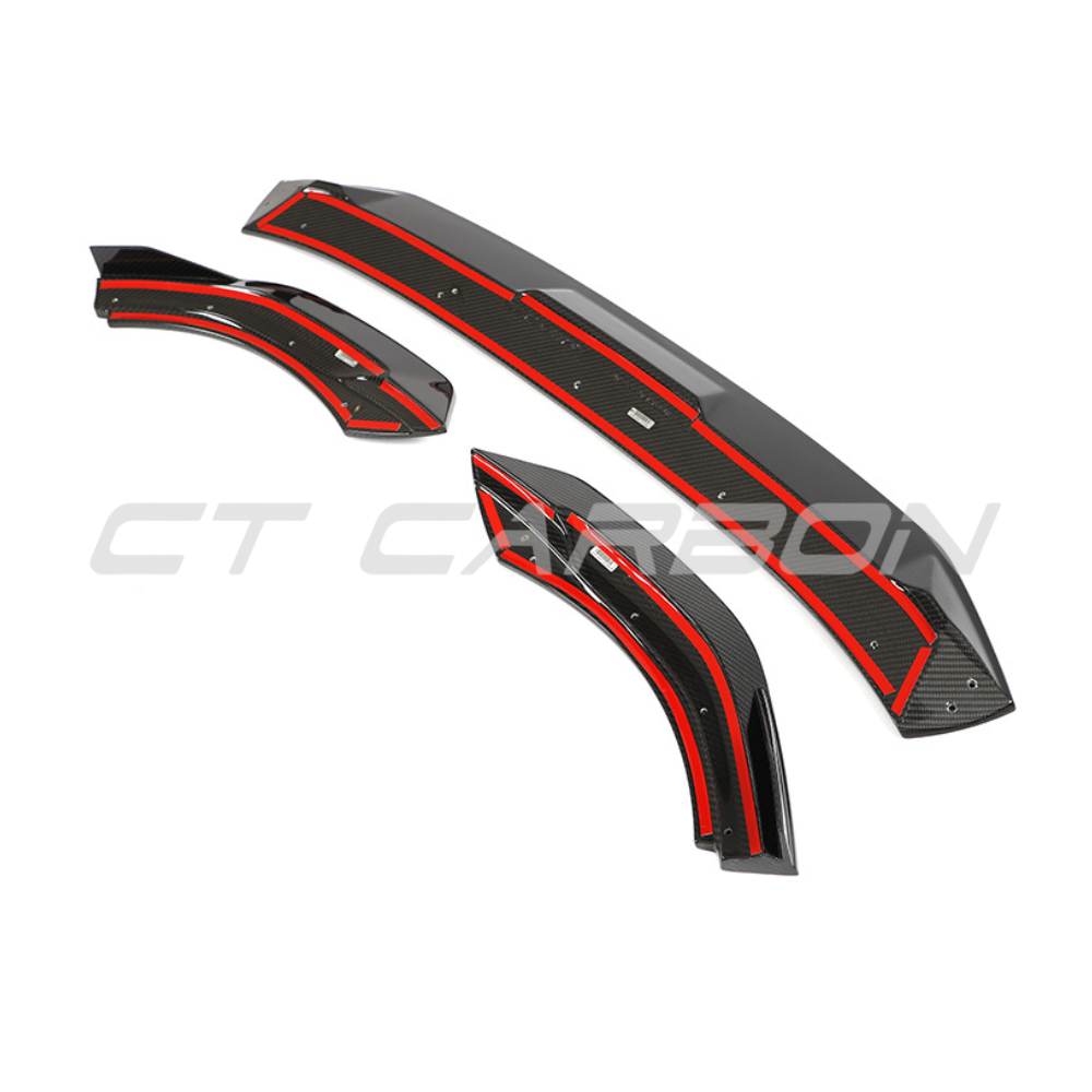 VW Golf MK8 R carbon fiber splitter by CT Design, showing the sleek, aerodynamic front splitter with detailed carbon fiber texture.