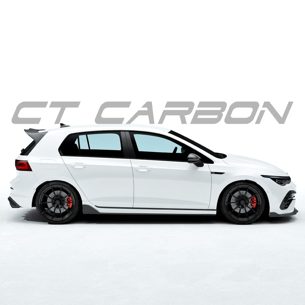 VW Golf MK8 R full carbon fiber kit by CT Design, including front splitter and side skirts, showcasing sleek carbon fiber finish.