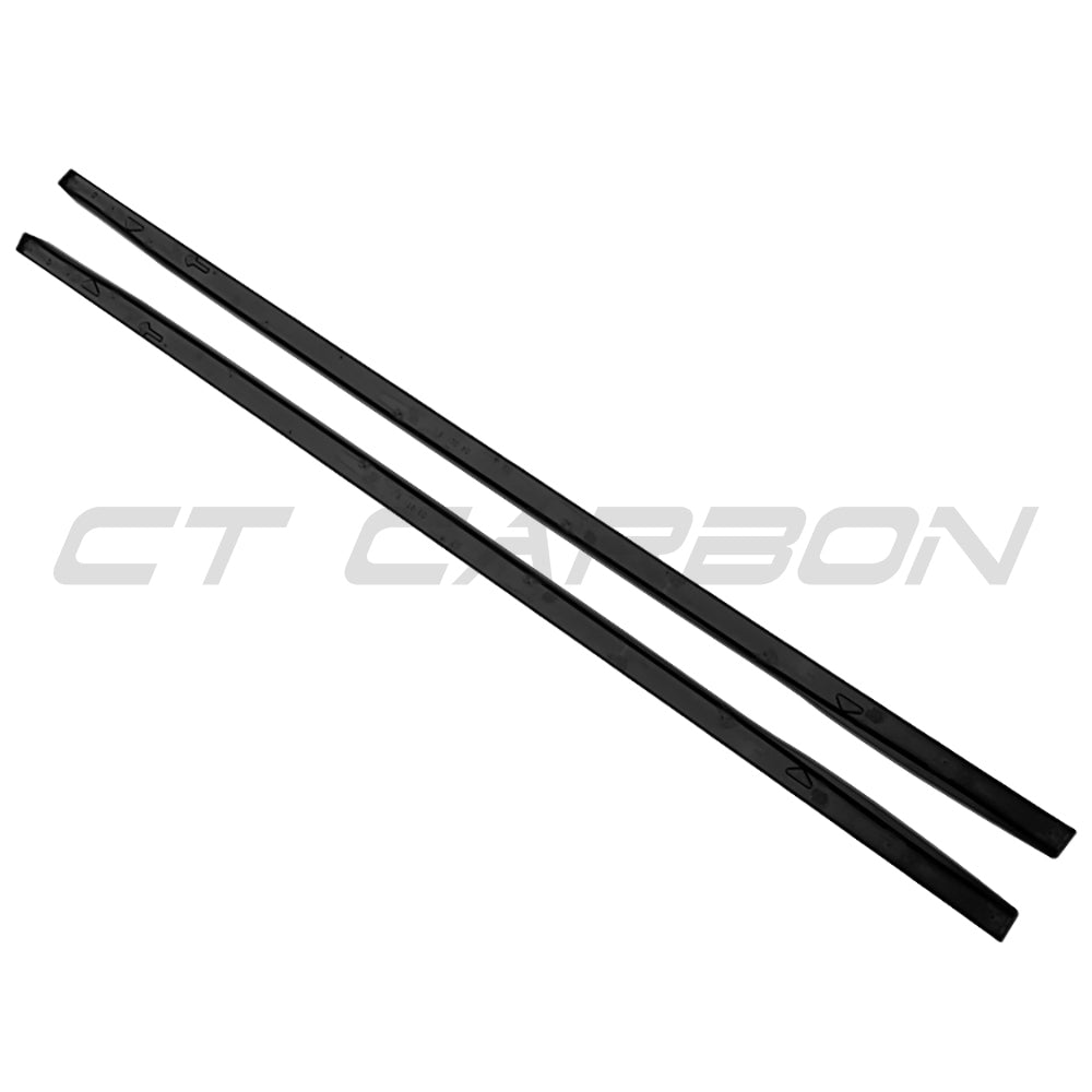 Gloss black side skirts for VW Golf MK8 R and GTI models by CT Carbon, shown installed on the vehicle.