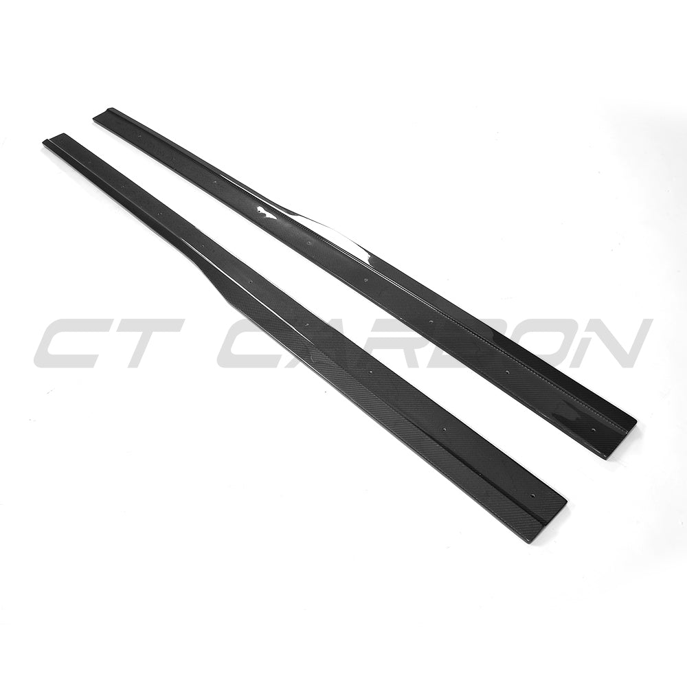 Carbon fibre side skirts for VW Golf R MK7/7.5 2014-2020 by CT Carbon, showing sleek aerodynamic design on the vehicle.