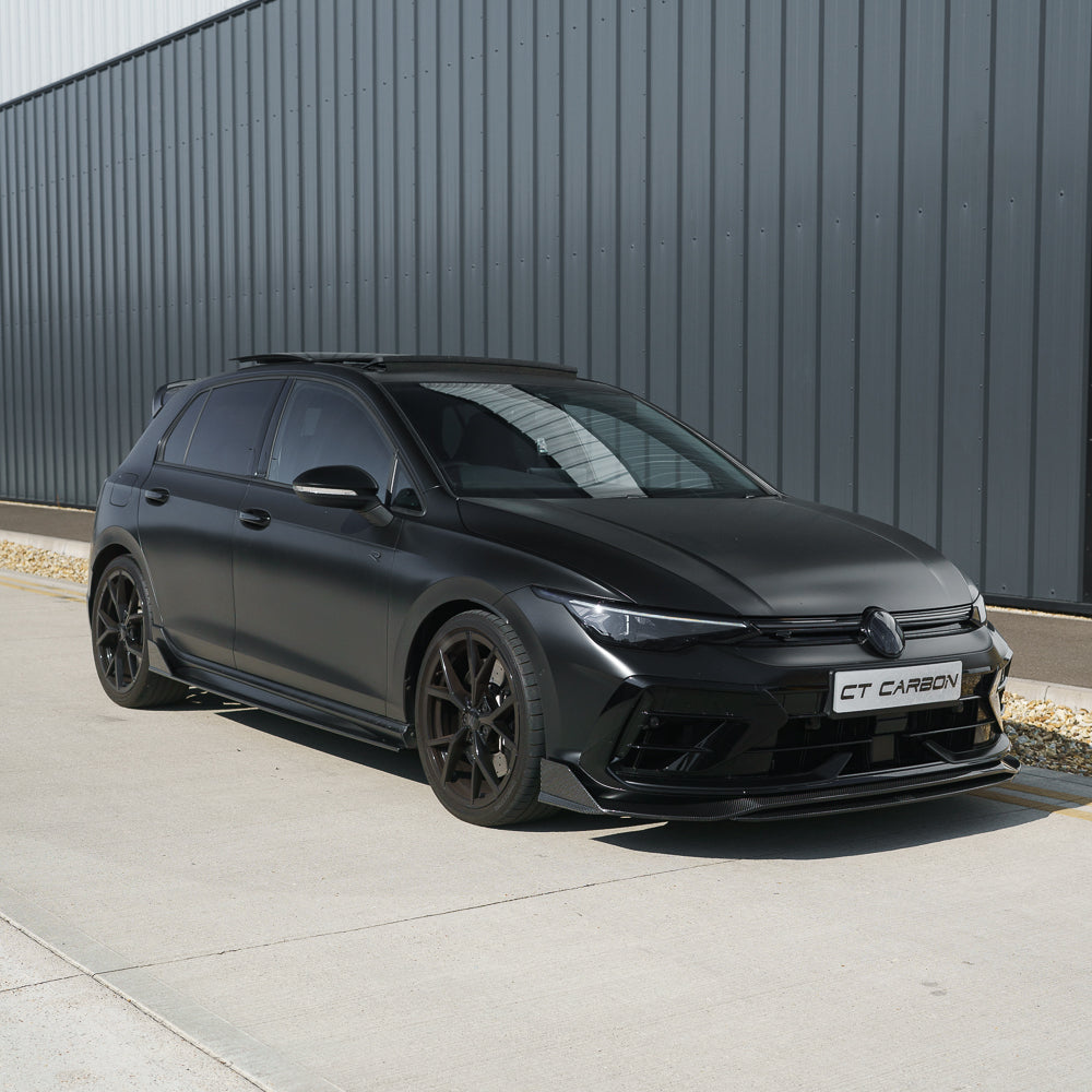 Satin black carbon fiber splitter for VW Golf MK8.5 R 2024+ by CT Carbon, enhancing aerodynamics and sporty appearance