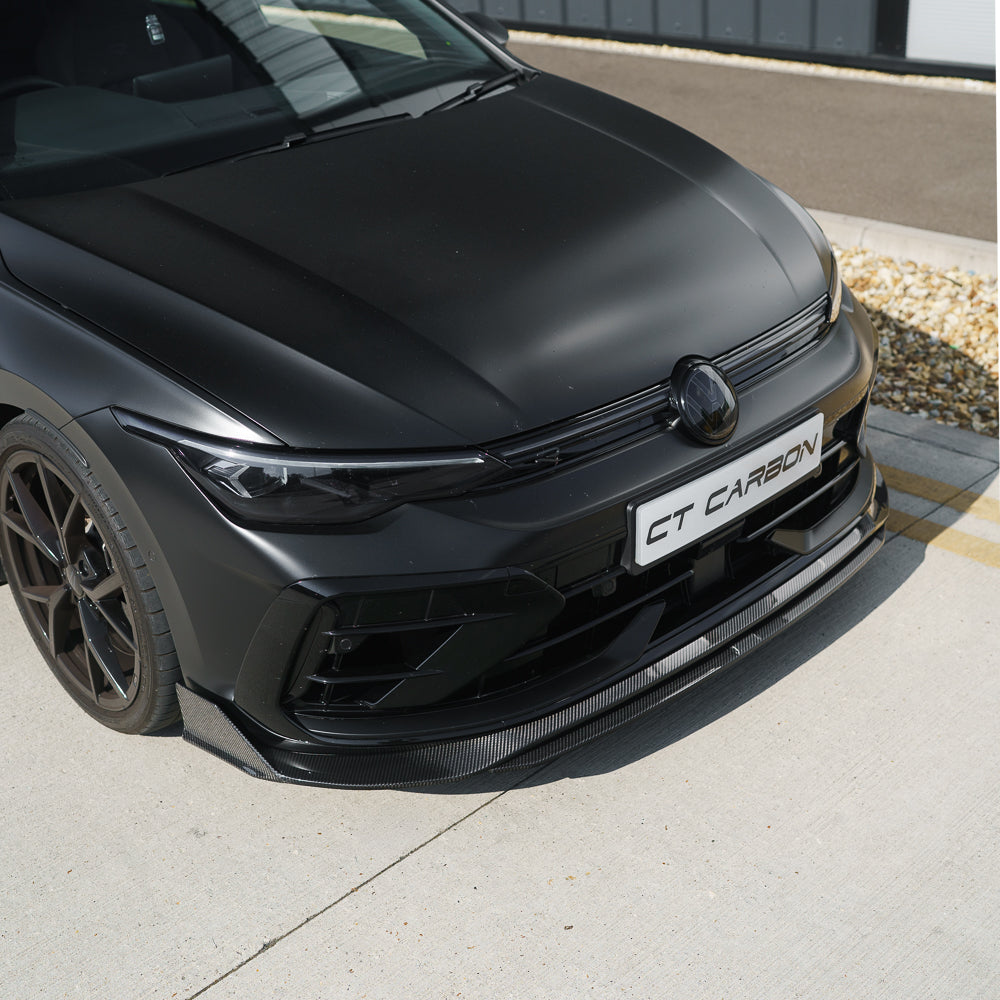 VW Golf MK8.5 R 2024 carbon fiber splitter by CT Carbon, satin black finish, enhancing front aerodynamic style.