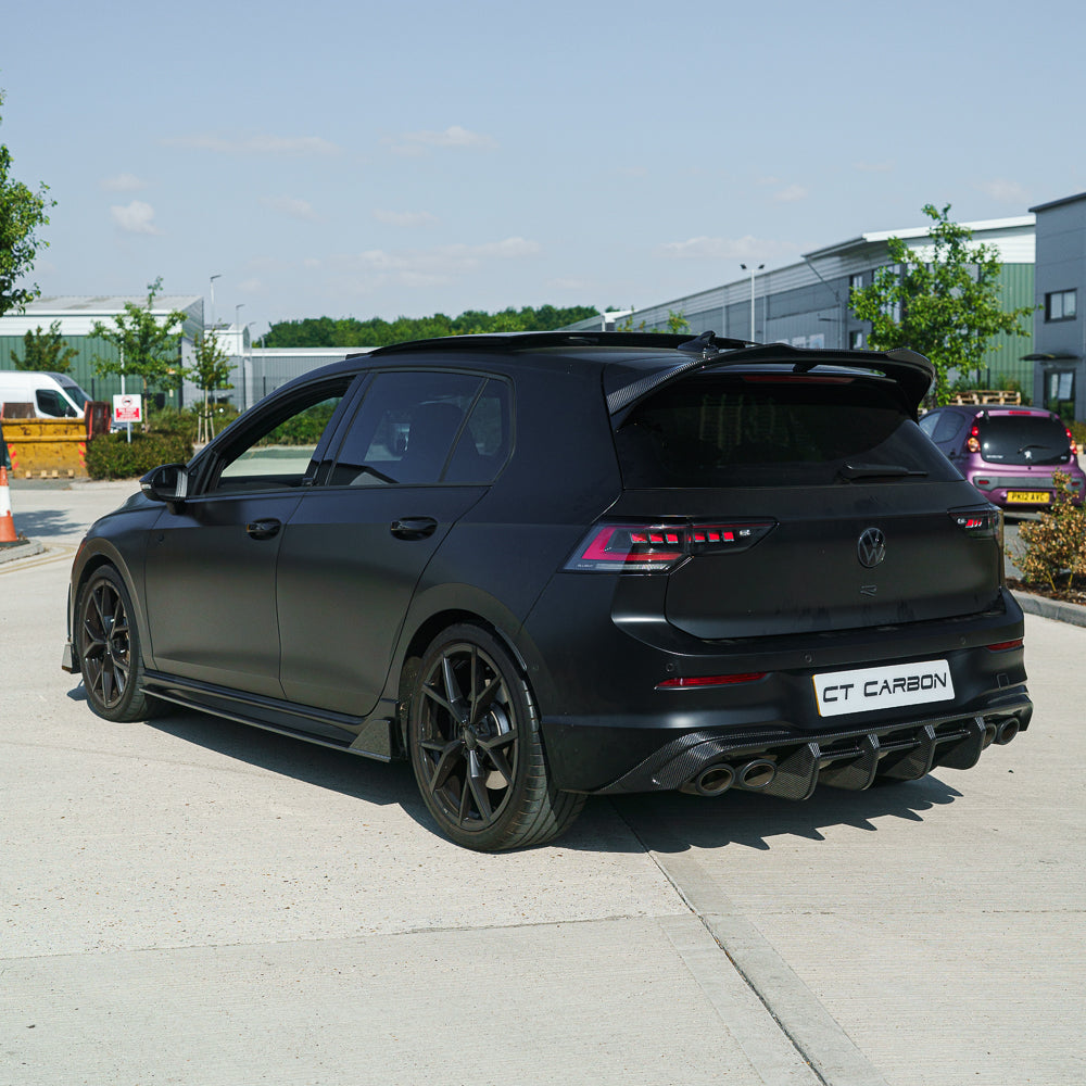 VW Golf MK8/MK8.5 R 2020+ carbon fibre diffuser by CT Carbon, satin black finish, showcasing sleek, aerodynamic design.