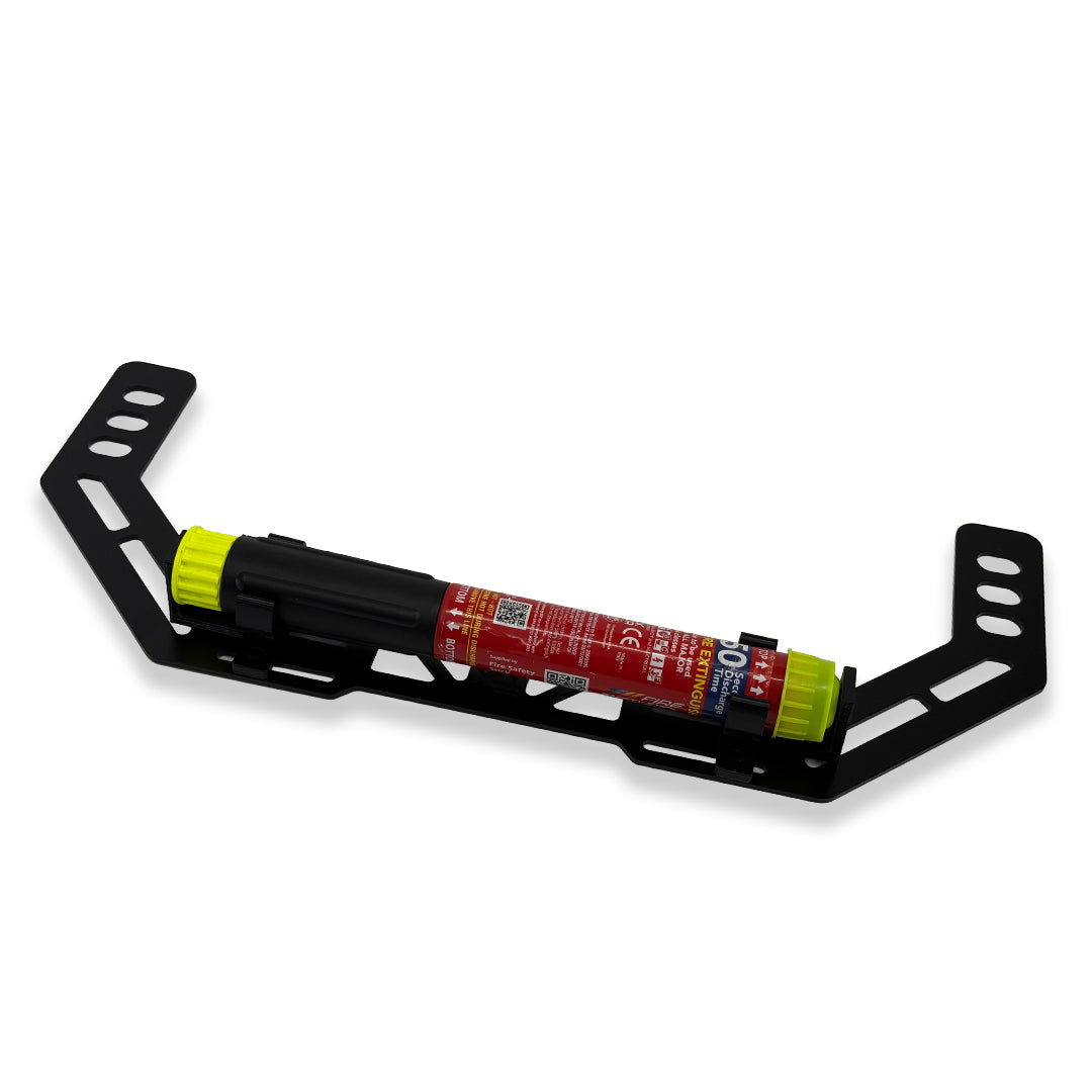 XC3 Engineering fire extinguisher mount for BMW M2 M3 M4 interior, seat-mounted safety bracket in black with secure straps.