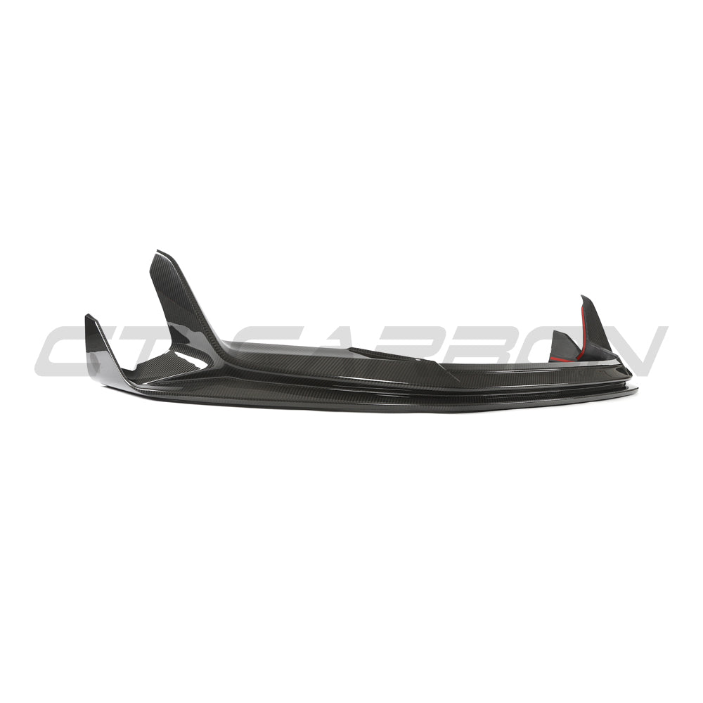 CT Carbon Audi R8 V10 Gen 2.5 carbon fiber splitter installed on the front of the sports car, showcasing aerodynamic design
