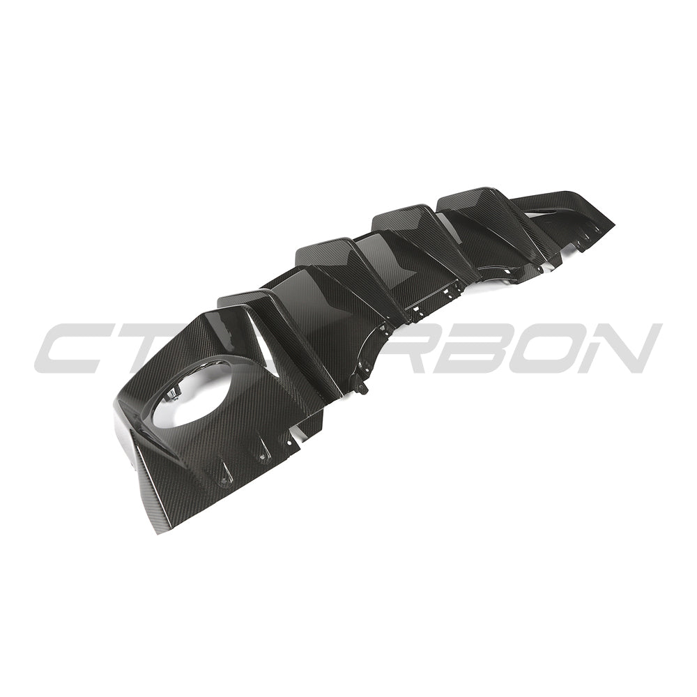 Audi R8 V10 and V10+ Gen 2.5 carbon fibre diffuser by CT Carbon, showcasing sleek aerodynamic design and textured carbon finish.