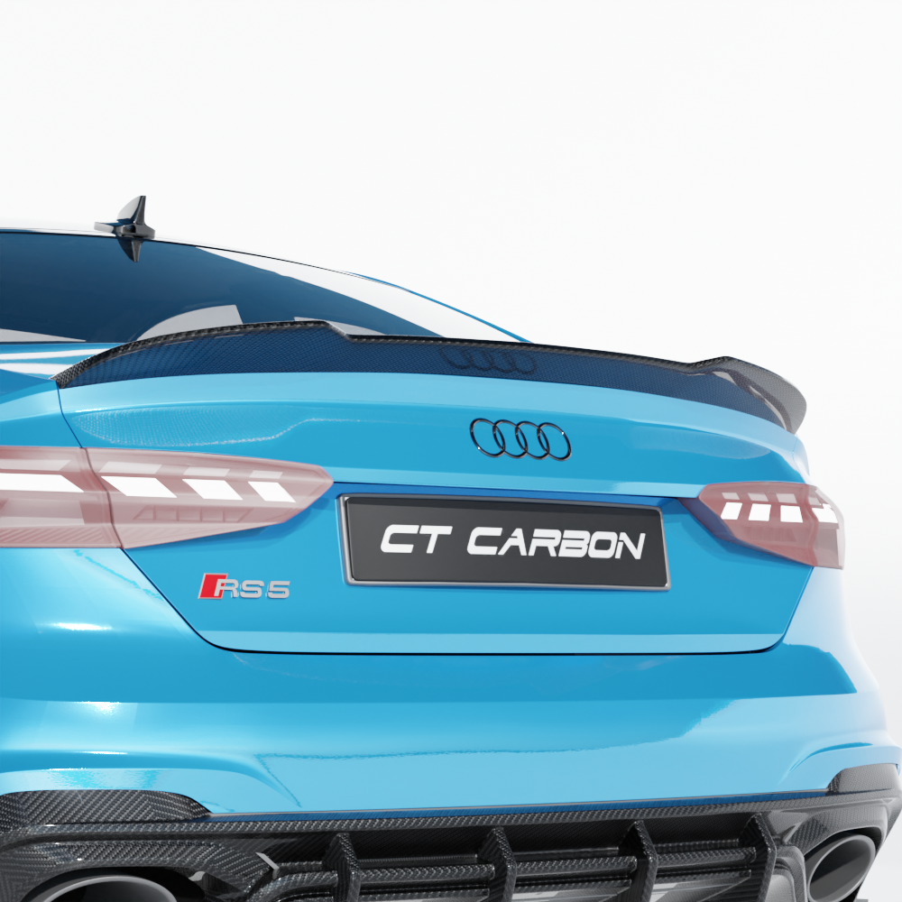 Full view of a CT Carbon Audi RS5 B9.5 Coupe 2020-2024 complete carbon fiber kit on a sleek, modern sports car.