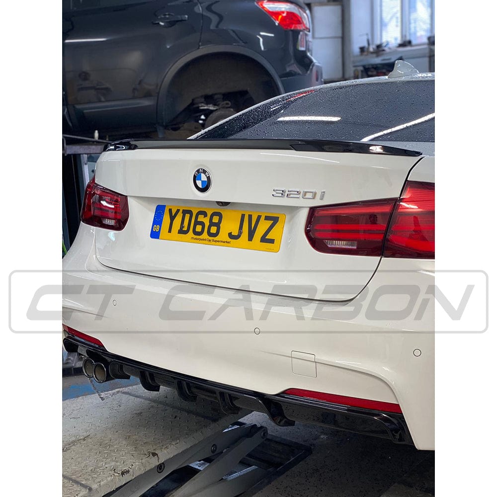 BMW 3 Series F30 CT Carbon gloss black full kit with twin exhaust tips and MP style design, showcasing the sleek exterior upgrade.