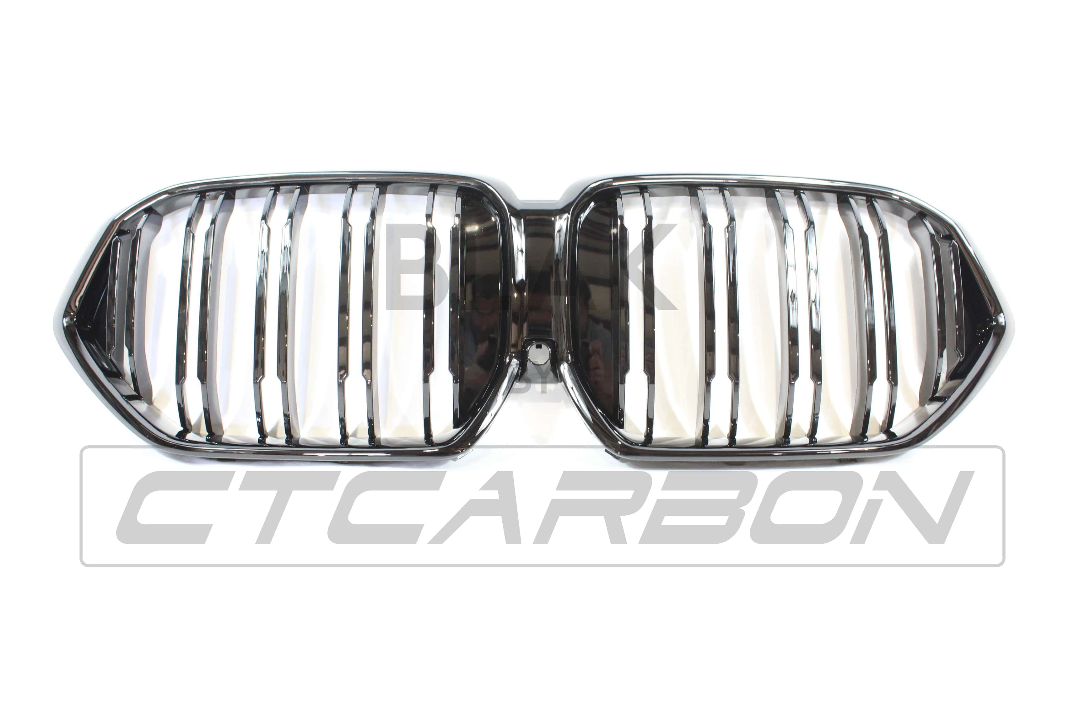 BMW G06 X6 2019-2023 CT Carbon double slat black grille, close-up view of sleek black grille design for this luxury SUV.