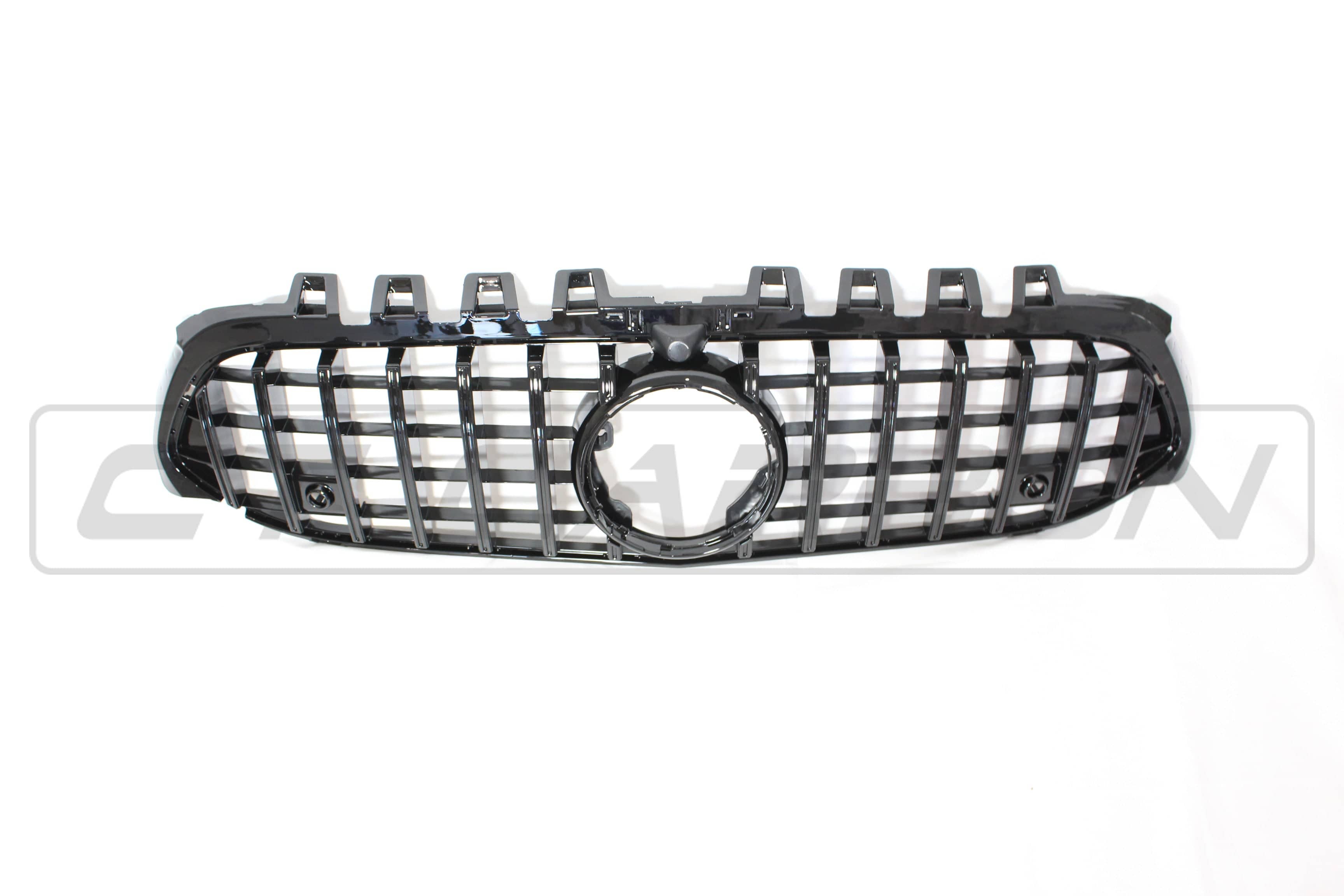 Black CT Carbon Panamericana grille for Mercedes V177 W177 A-Class, 2018-2022, with distinctive design, shown on vehicle front.