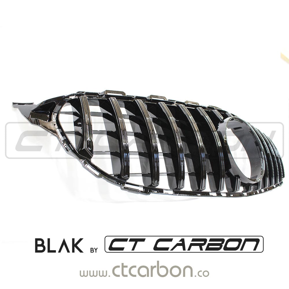 Mercedes W205 C-Class 2019+ AMG black grille by CT Carbon, without camera, featuring a sleek panamericana style design.