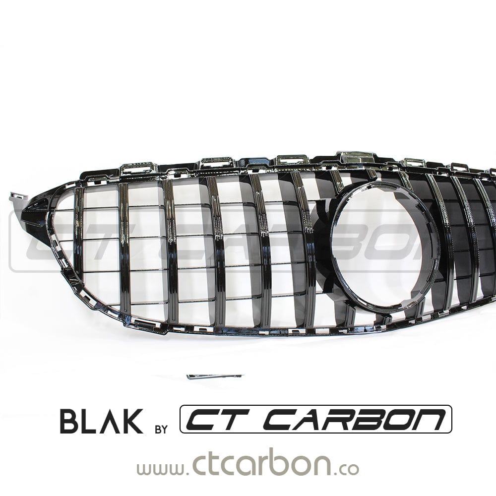 Mercedes W205 C-Class 2019+ AMG black grille by CT Carbon, without camera, featuring a sleek, sporty AMG-style design.