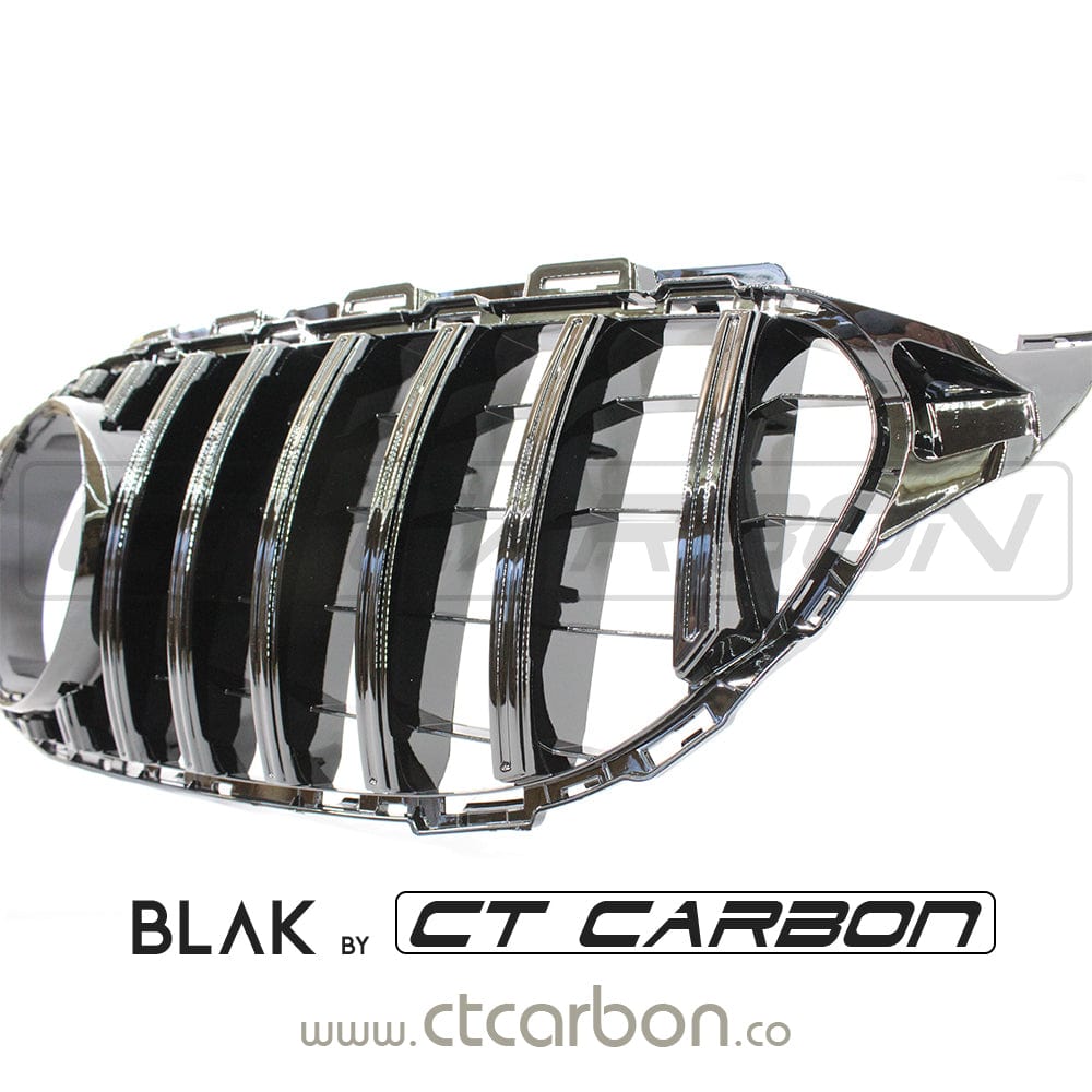 Mercedes W205 C-Class 2019+ AMG black grille by CT Carbon, without camera, featuring Panamericana-style design.