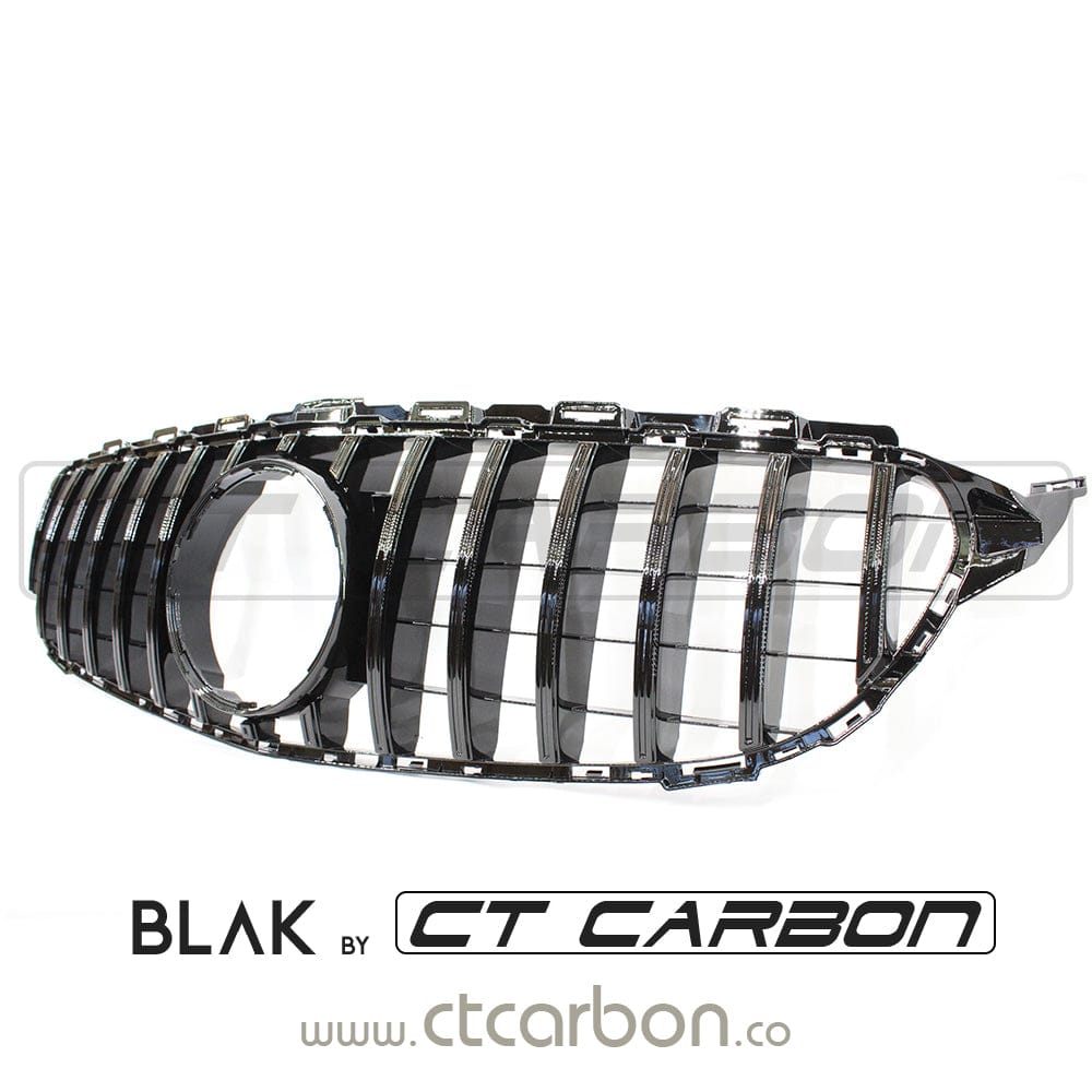 CT Carbon black grille for Mercedes W205 C-Class 2019+ AMG model, without camera, featuring a sleek Panamerica style design.