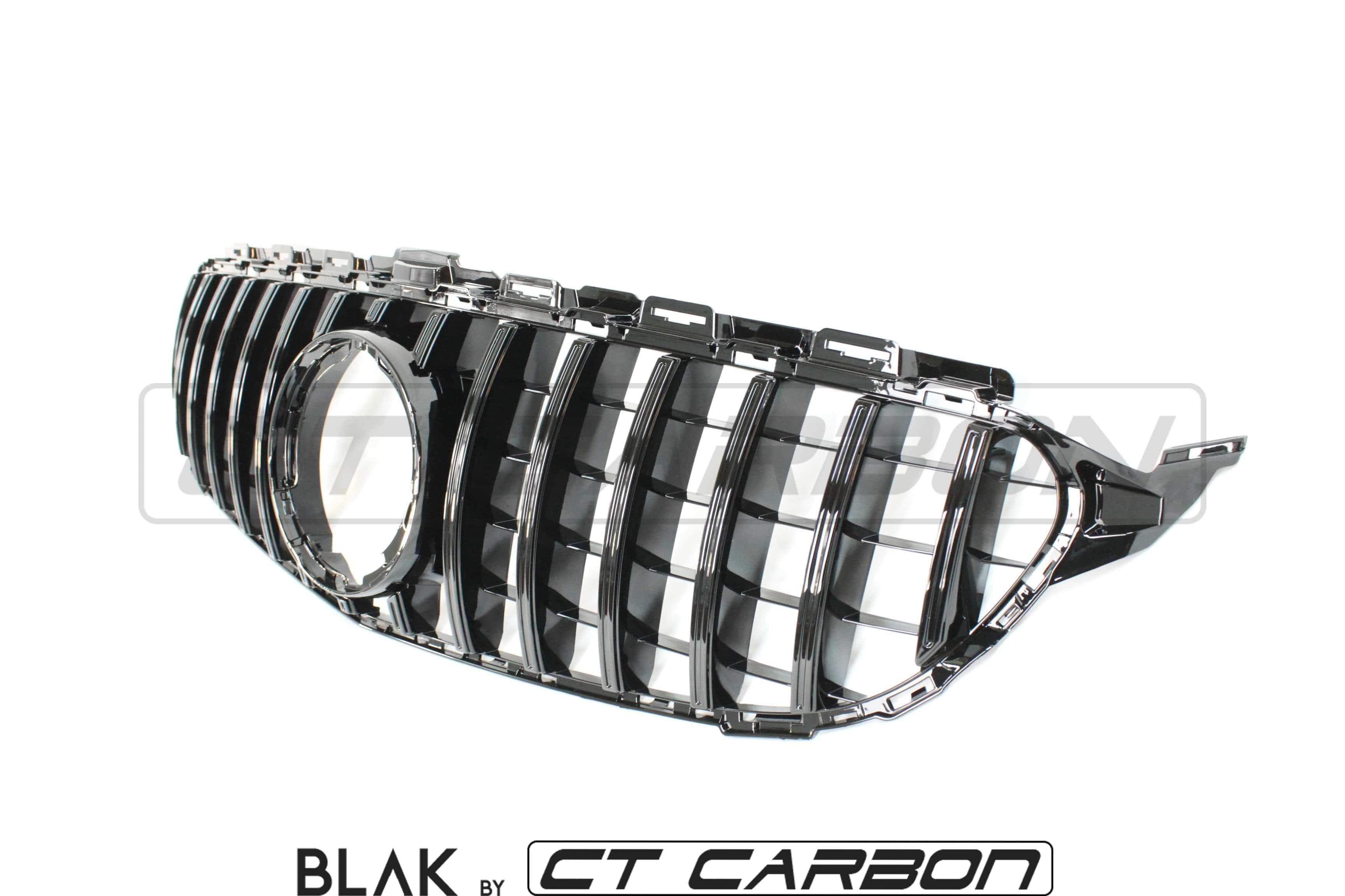 Black CT Carbon grille with camera for Mercedes W205 C63 AMG 2014-2018 and AMG GT, Panamerica style, front view.