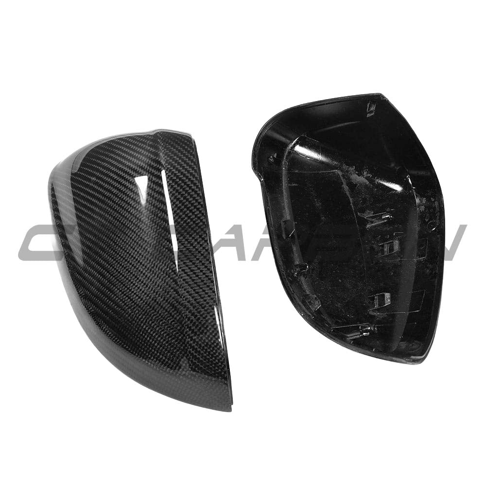 Black carbon fiber mirror replacements for Audi A4, S4, A5, S5 B9 2016+ by CT Carbon, shown installed on vehicle.