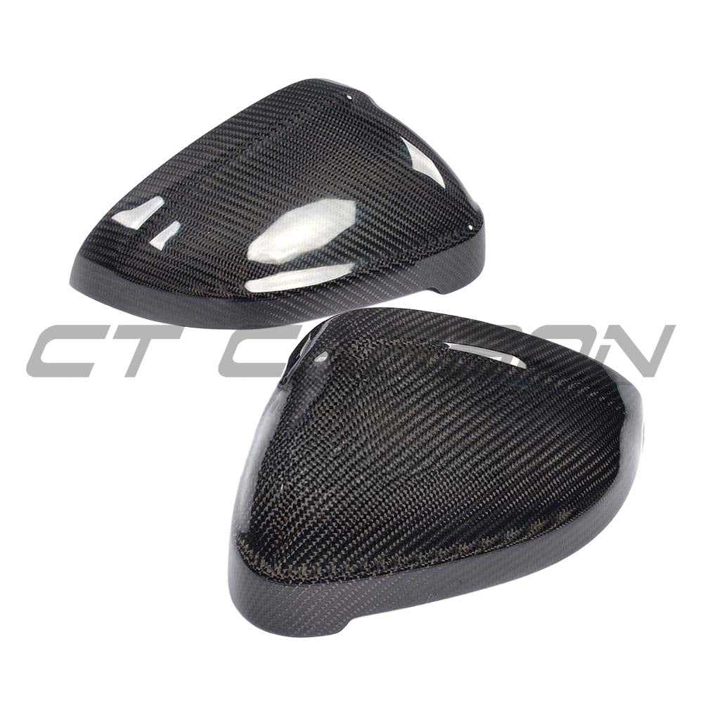 Black carbon fiber side mirrors for Audi A4, S4, A5, S5 B9 models, featuring sleek, lightweight design by CT Carbon.
