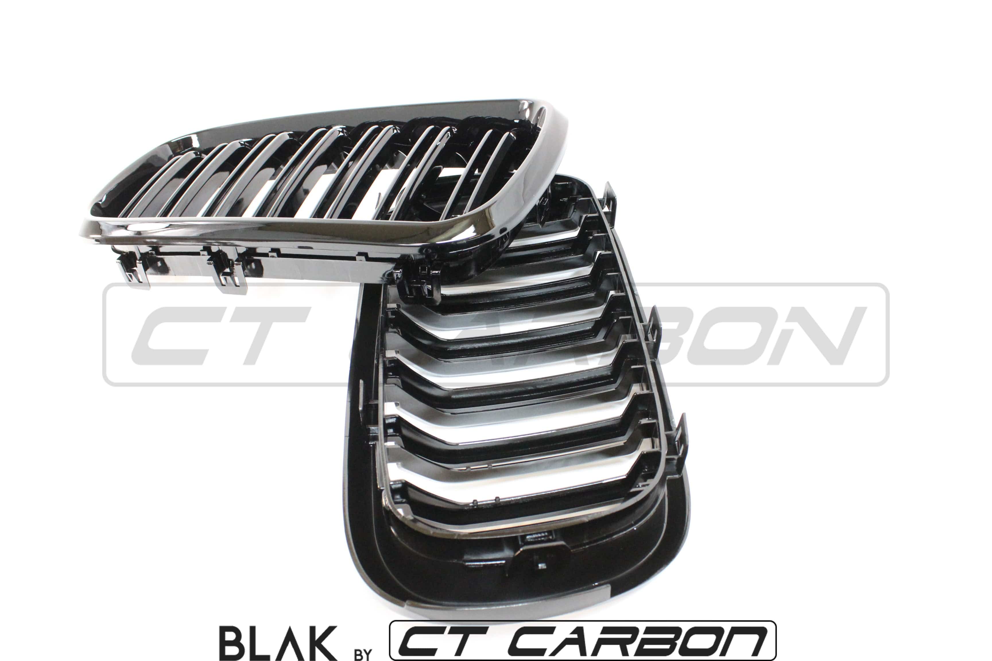 Black CT Carbon double slat grille for BMW X5M X6M F16 F15 2014-2018, showcasing sleek automotive grille design.