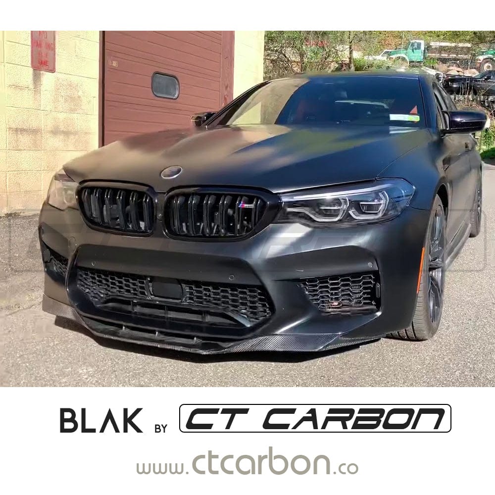 BMW M5 F90 and 5 Series G30 black double slat grille by CT Carbon, close-up view of sleek black grille with slat design.