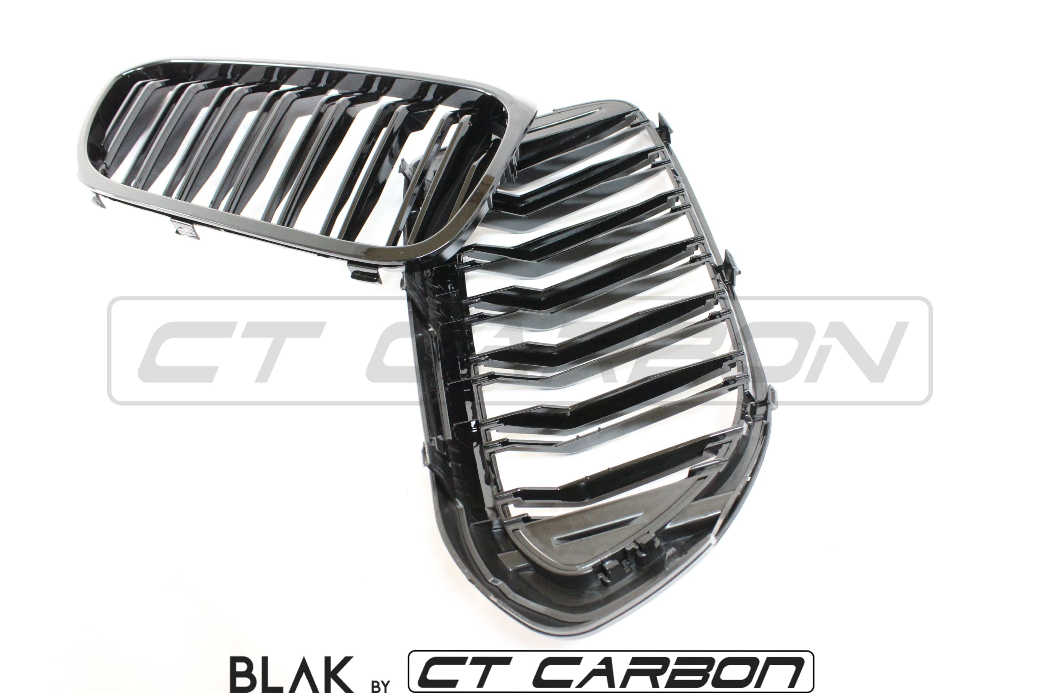 BMW M5 F90 and 5 Series G30 black double slat grille by CT Carbon, showcasing sleek black automotive grille design.