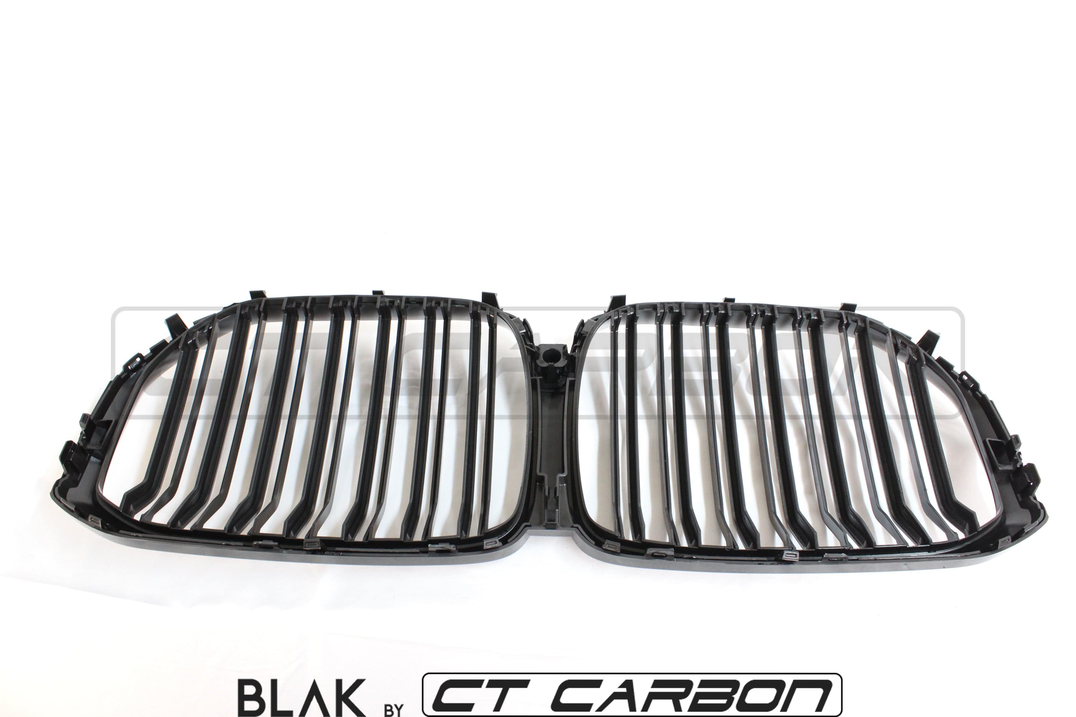 BMW X5 G05 2018+ double slat black grille by CT Carbon, showing close-up of sleek black grille design with horizontal slats.
