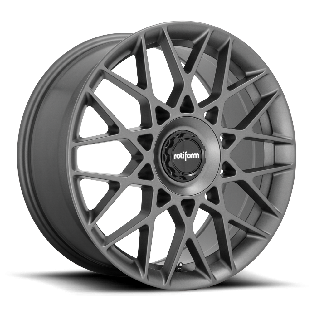 Rotiform BLQ-C wheels in matte anthracite finish, 19-inch size with 8-inch width and ET45 offset, shown on a vehicle.