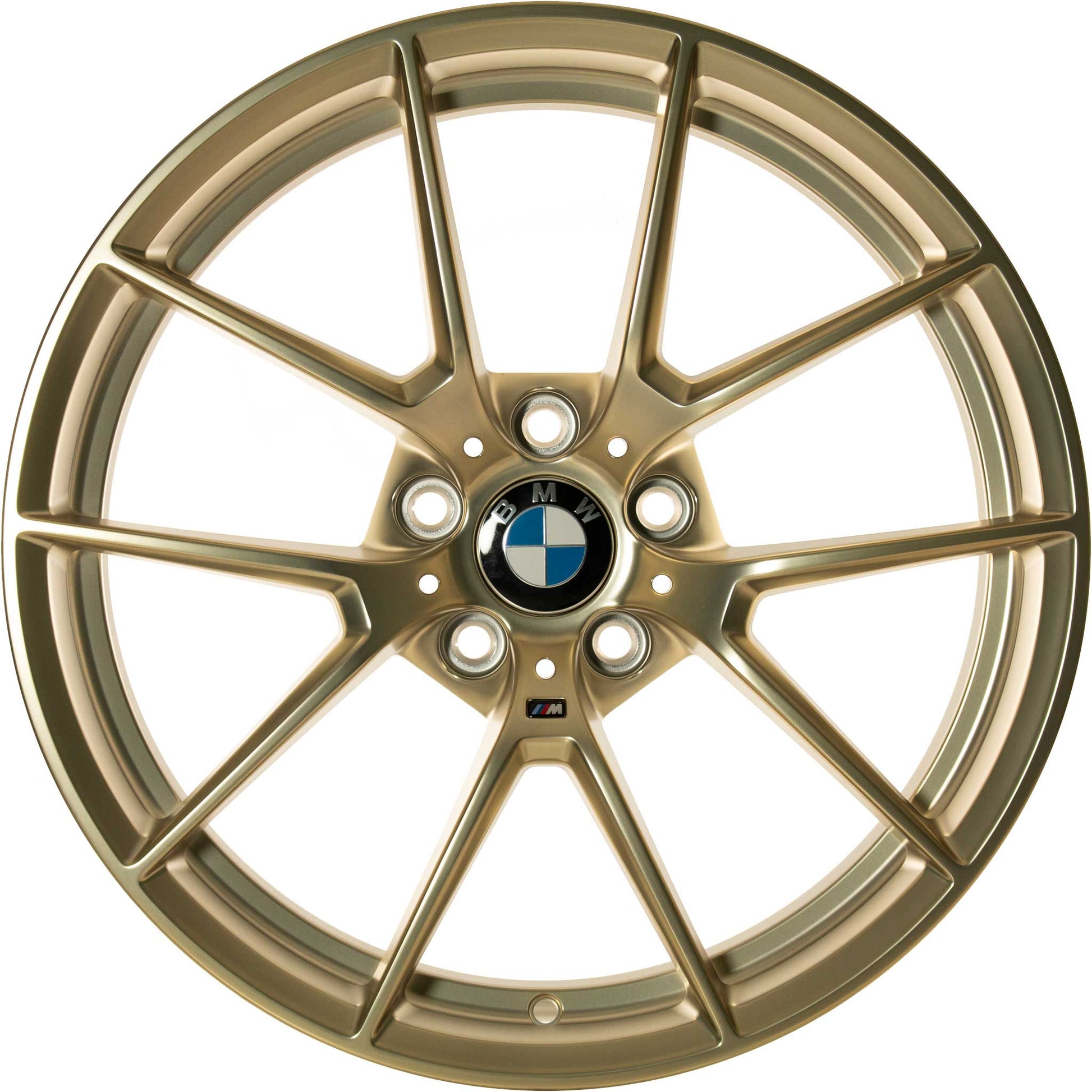 Genuine BMW F87 M2 Frozen Gold 763M wheel set with five-spoke design and BMW logo center caps.