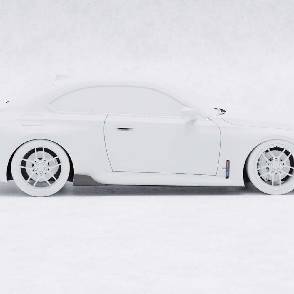 BMW G87 M2 TREVORA TR87 pre-preg carbon fibre side skirts mounted on the vehicle, showcasing lightweight, aerodynamic design.