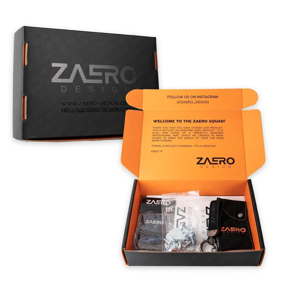 BMW M2 F87 EVO-S gloss black front splitter by ZAERO, designed for 2015-2018 BMW M2 F87, enhances aerodynamics and sporty look.