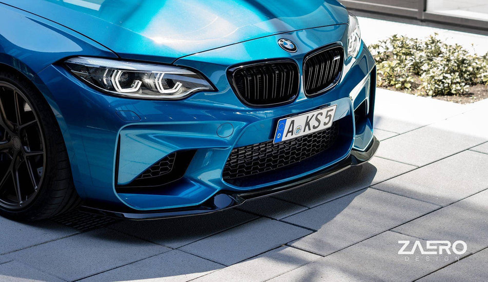 BMW M2 F87 EVO-S gloss black front splitter by ZAERO, designed for 2015-2018 model, enhancing sporty front-end appearance.