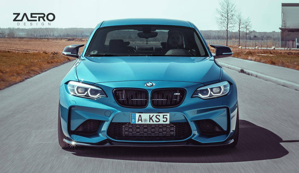 BMW M2 F87 EVO-S gloss black front splitter by ZAERO, designed for 2015-2018 BMW M2 F87, enhances aerodynamics and sporty look.