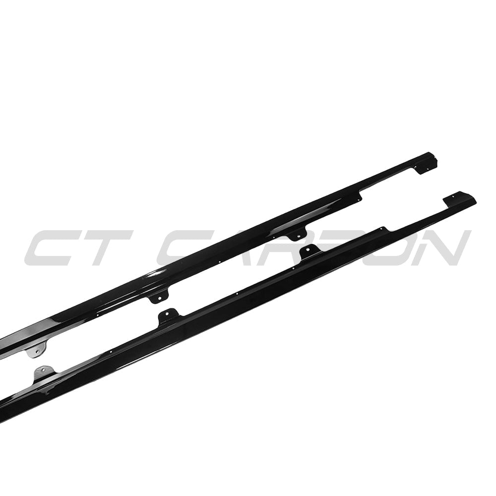 BMW 3 Series G20/G21 2018+ full length gloss black side skirts by CT Carbon, shown on the car's side profile.