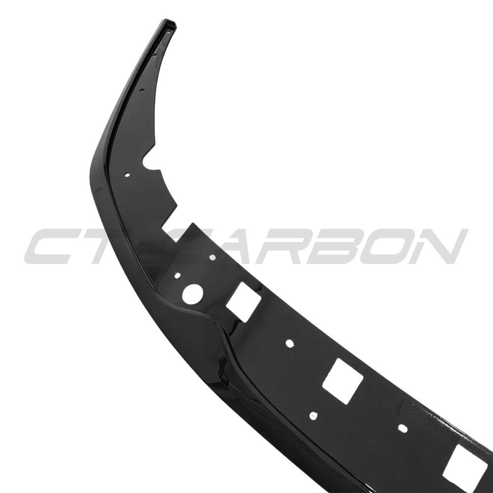 BMW F40 1 Series 2019-2024 CT Carbon gloss black splitter, V2, OE style, shown on front bumper for sporty aerodynamic enhancement.