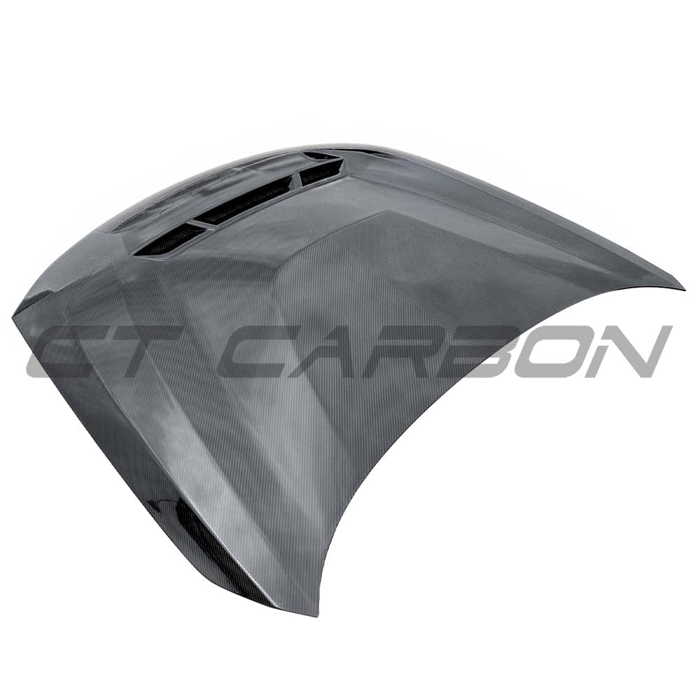 BMW G87 M2 full carbon fiber front hood conversion kit by CT Carbon, showcasing lightweight, sleek carbon fiber design and finish.