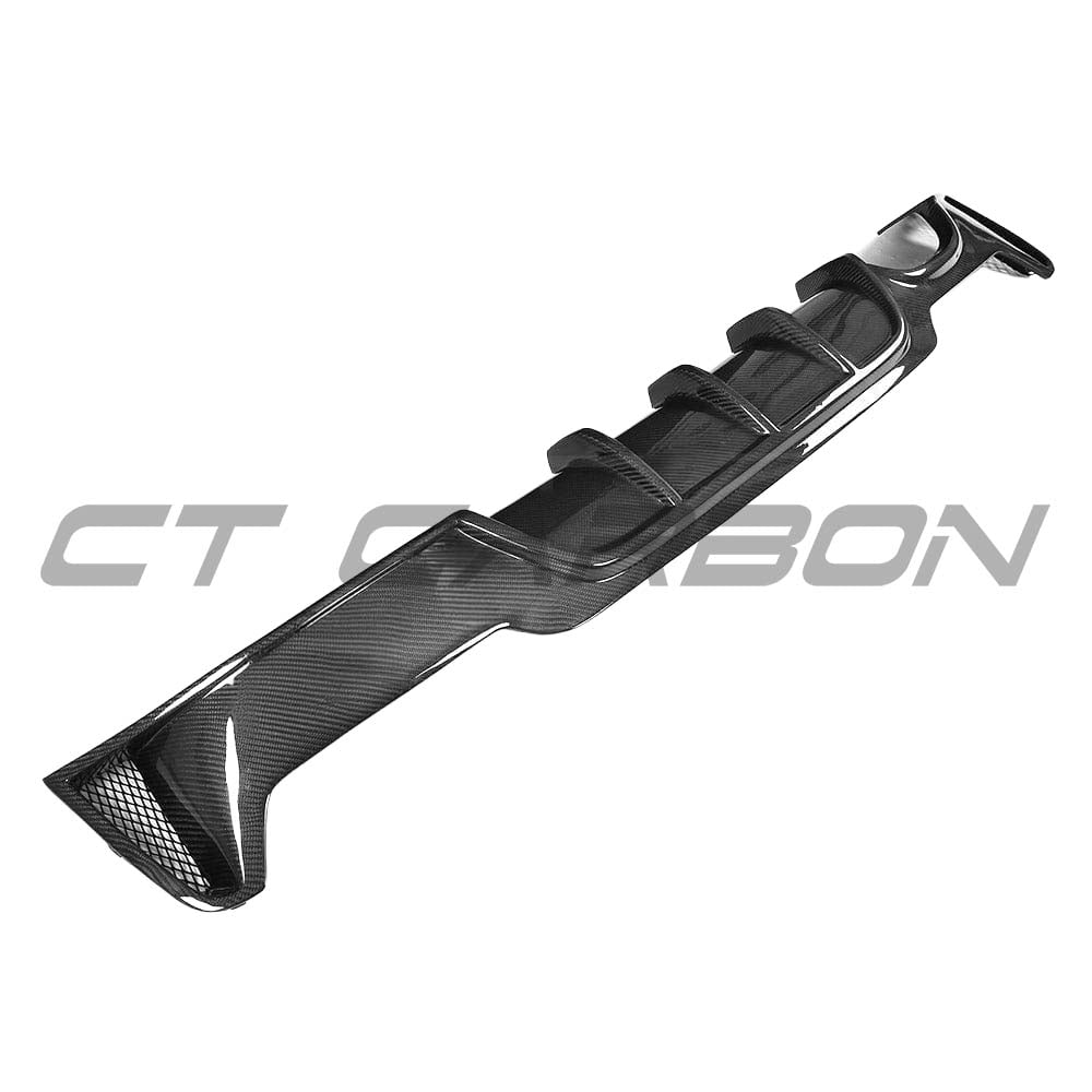 BMW F32, F33 & F36 4 Series Carbon Fibre Diffuser with Twin Exhaust by CT Carbon, showing the sleek design and textured finish.