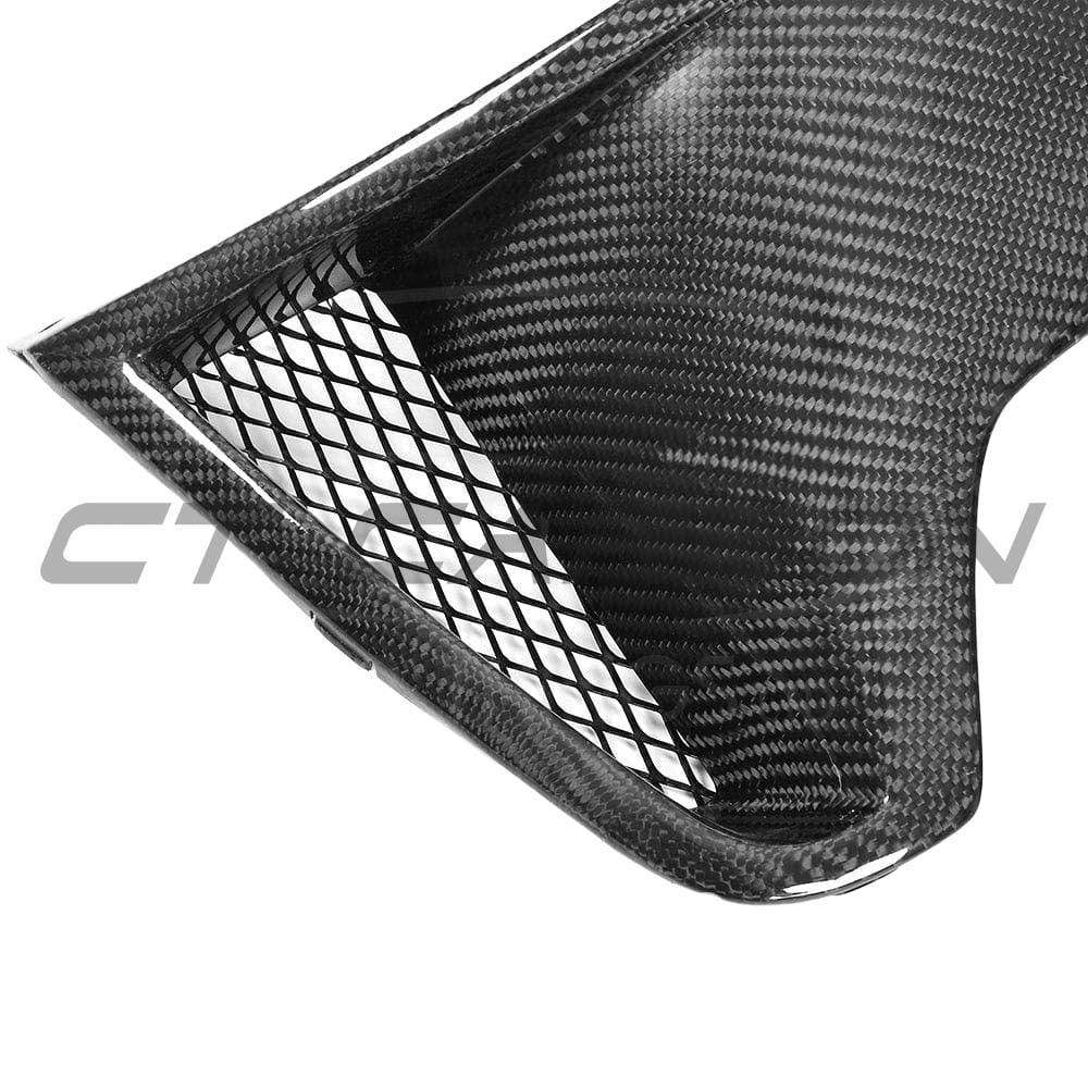 BMW F32 F33 F36 4 Series Carbon Fibre Diffuser with twin exhaust outlets, by CT Carbon, featuring sleek MP style design.