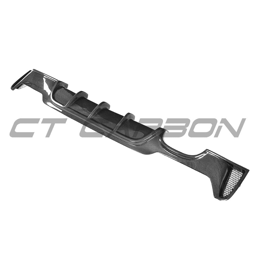 BMW F32, F33, F36 4 Series carbon fiber diffuser by CT Carbon with twin exhaust outlets, featuring a sleek MP style design.
