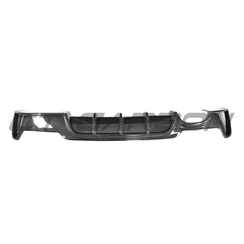 BMW F32, F33, F36 4 Series Carbon Fiber Diffuser with Twin Exhaust by CT Carbon, showcasing sleek design and textured finish.