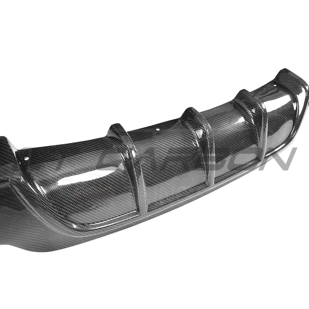 BMW F32 F33 F36 4 Series carbon fiber diffuser with twin exhaust openings, designed by CT Carbon for sporty aerodynamic style.