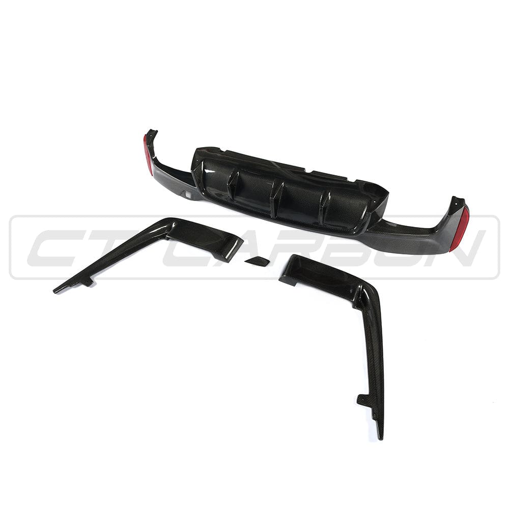 BMW F90 M5 CT Carbon fiber diffuser V2, 3D-style, showcasing sleek, high-performance carbon fiber design for the F90 M5.