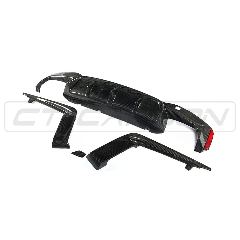 BMW F90 M5 CT Carbon fiber diffuser, V2 model, showcasing sleek 3D-style design and high-quality carbon fiber finish.