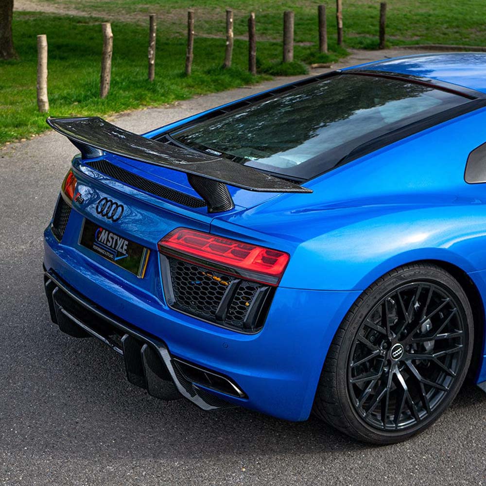 Full car carbon fiber kit for Audi R8 V10 Gen 2 by CT Carbon, featuring V-style aerodynamic enhancements.