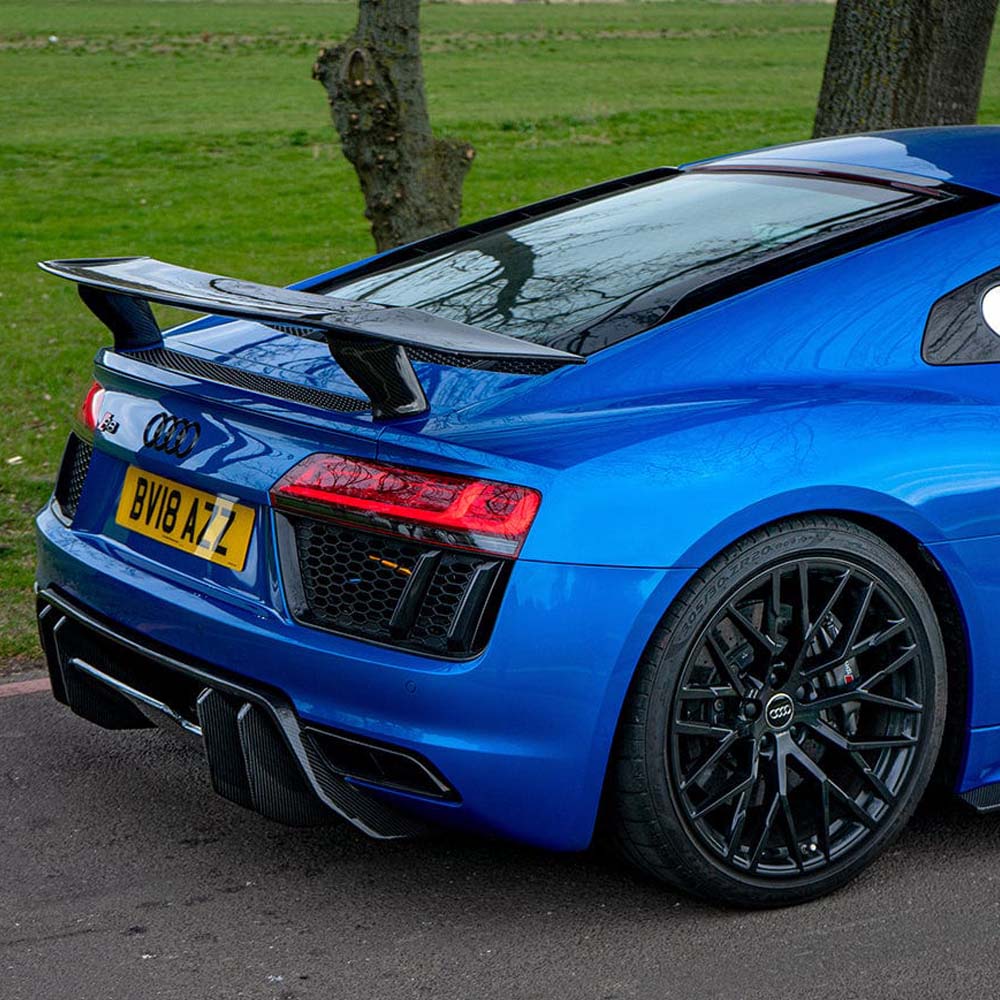 Full car carbon fibre kit for Audi R8 V10 Gen 2 by CT Carbon, featuring V-style aerodynamic components and sleek finish.