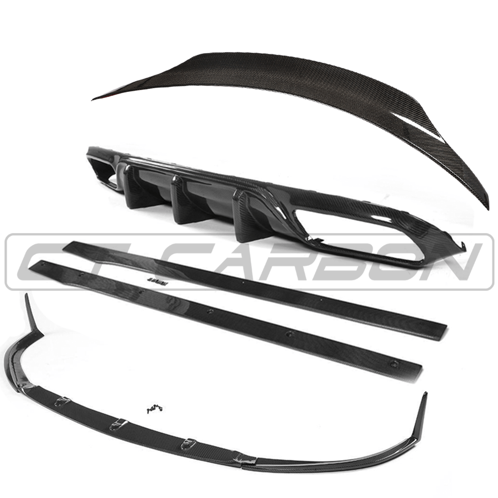 Full carbon fibre kit for Mercedes C63 W205 convertible 2015-2018 by CT Carbon, showing various lightweight carbon components.