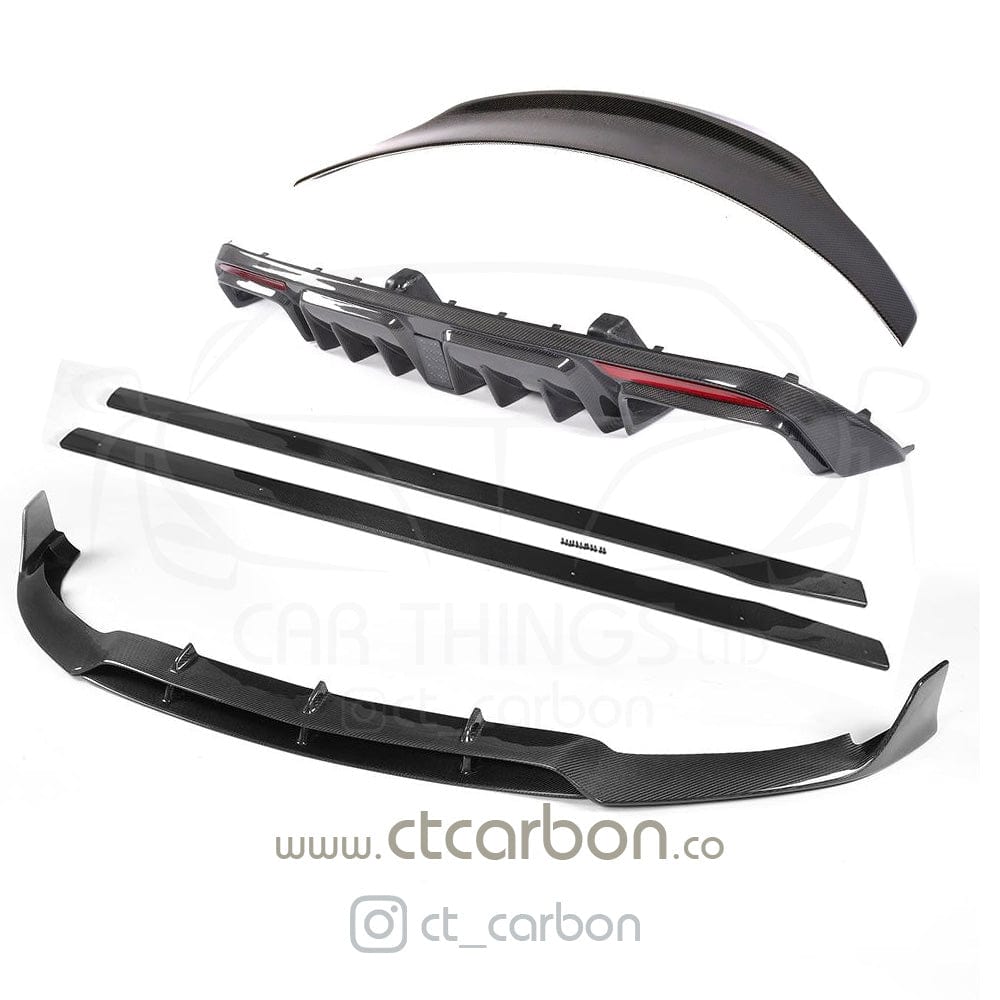 Full carbon fiber kit for Mercedes C63 W205 saloon by CT Carbon, includes bumpers, side skirts, and rear diffuser in B-style design.