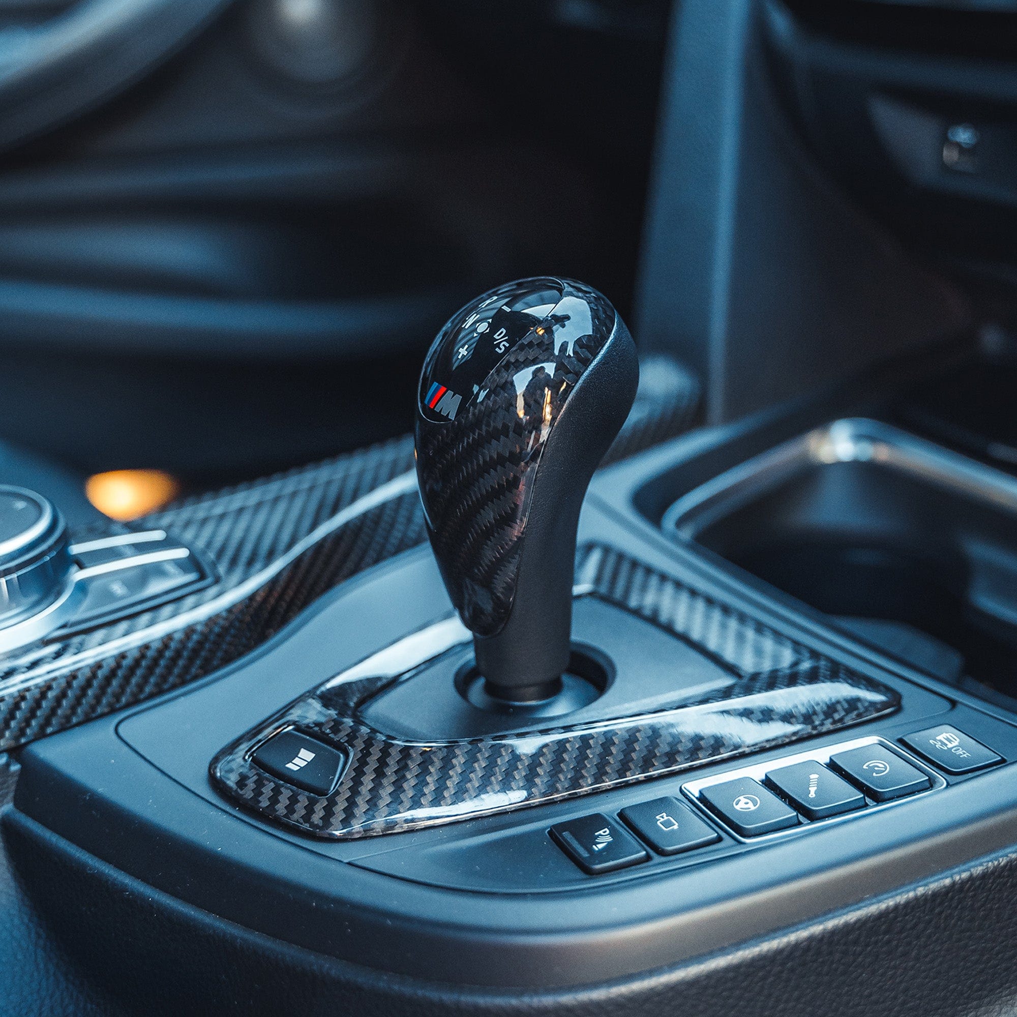 BMW Fxx M car DCT shifter and surround set by CT Carbon, LHD interior accessories with carbon fiber finish.