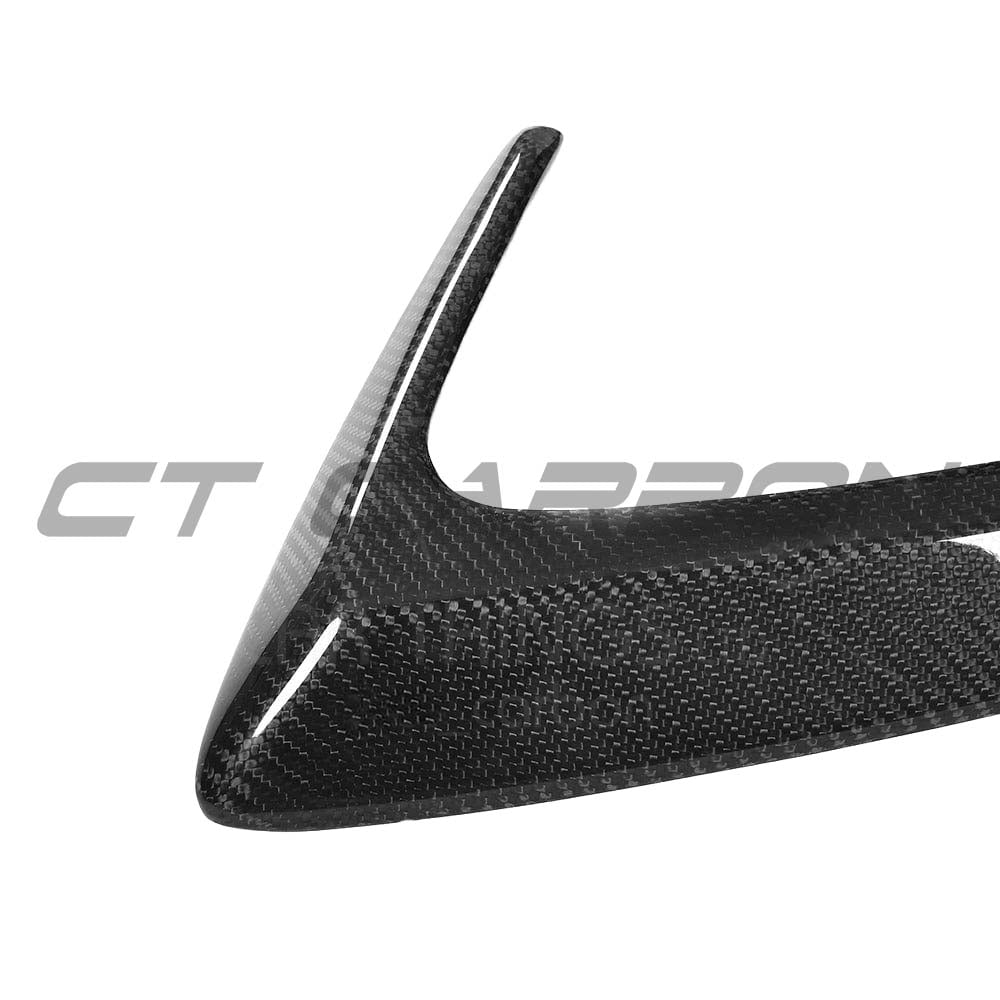 Carbon fiber rear bumper canards for Mercedes W205 C63 and C63S coupe, by CT Carbon, enhancing sporty aerodynamic look.